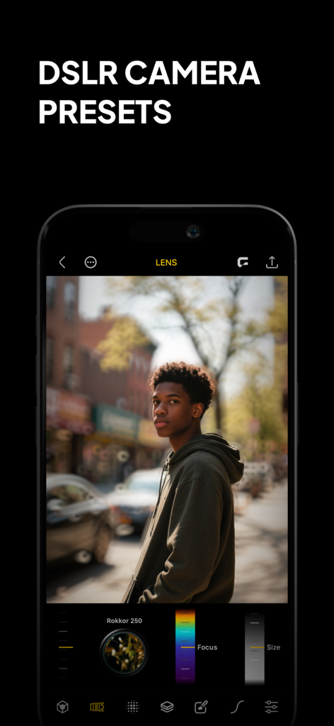 Phocus App-Oberfläche, die ein Männerporträt mit DSLR-Kameravoreinstellungen und professioneller Hintergrundunschärfe zeigt.