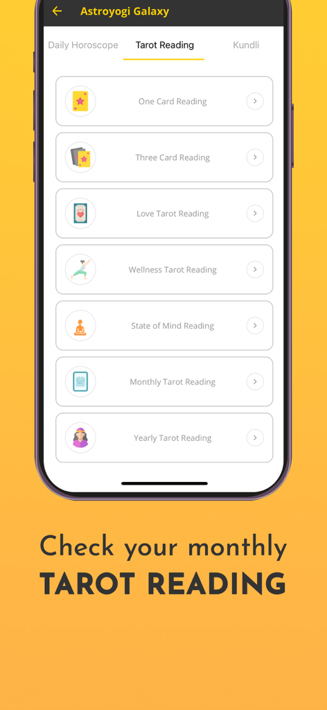 A mobile app screen showing various tarot reading options like love, wellness, and monthly readings in the Astroyogi Galaxy.