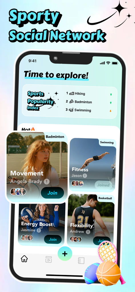 A smartphone showing the Dizzy app interface titled Sporty Social Network with various sport activity groups to join.