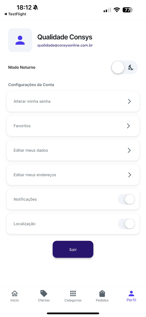 Drogarias Povão - The user profile screen of the Drogarias Povao app showing account settings such as password change favorites and address editing