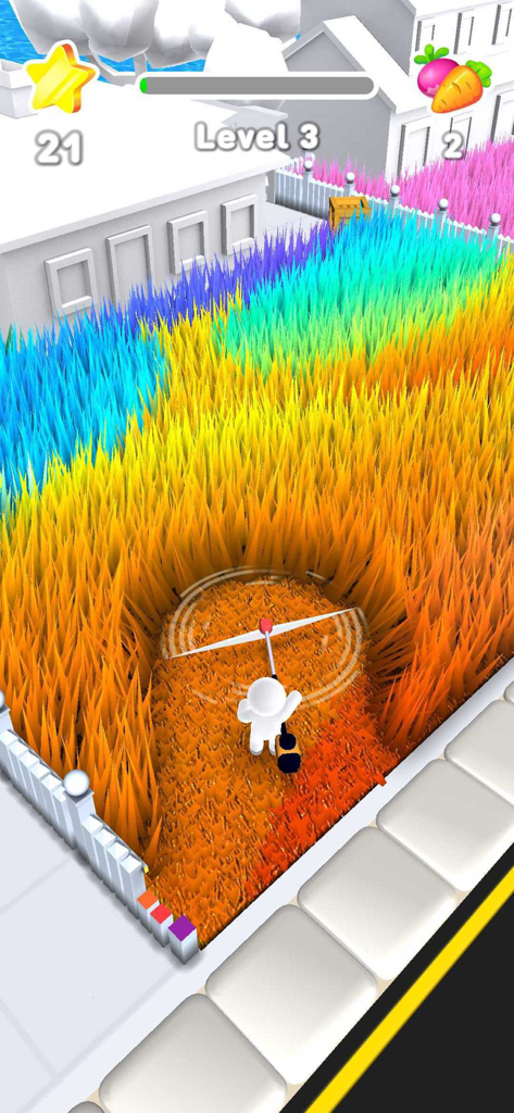 A character mowing vibrant rainbow colored grass in a suburban yard