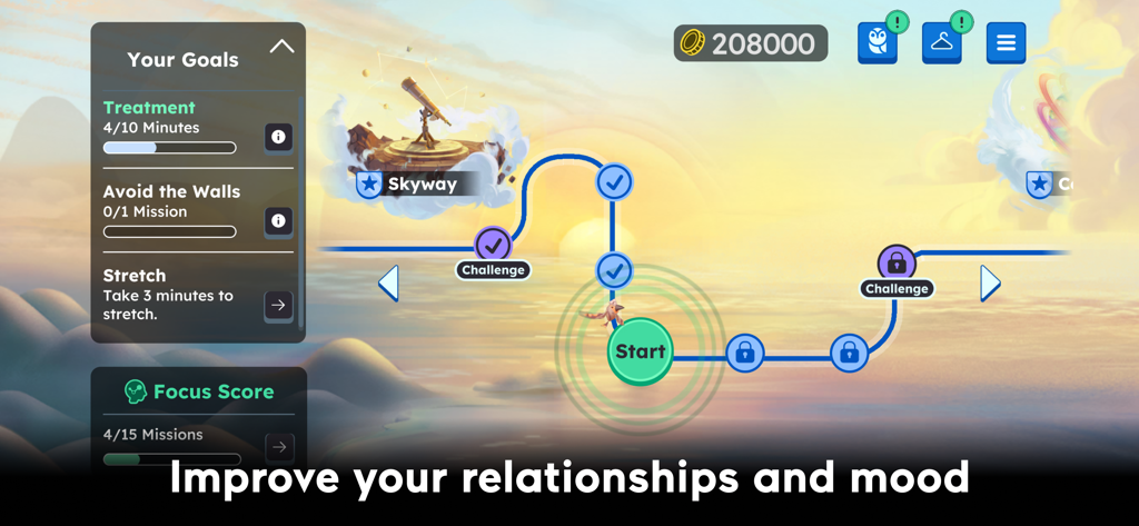 ADHD 관리를 위한 치료 목표와 집중력 점수를 보여주는 EndeavorOTC 앱 게임 지도 화면