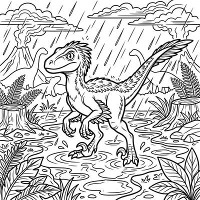 Embark on a prehistoric adventure with this dynamic coloring page featuring a Velociraptor thriving in a rainy, volcanic landscape. Capture the essence of an ancient downpour as you bring this detailed dinosaur and its environment to life with your favorite colors.