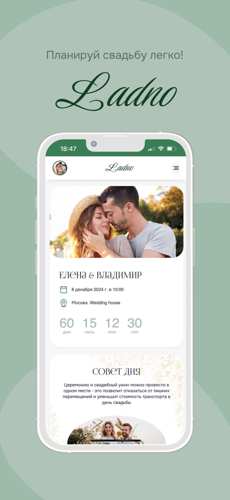 Ladno wedding planner mobile app home screen featuring a wedding countdown for Elena and Vladimir