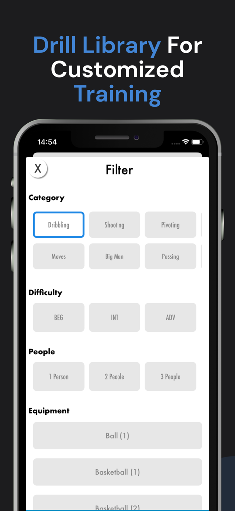 Basketball Training & workouts - Una pantalla de aplicación móvil que muestra filtros de búsqueda para una biblioteca de ejercicios de baloncesto que incluye categoría, dificultad y número de personas