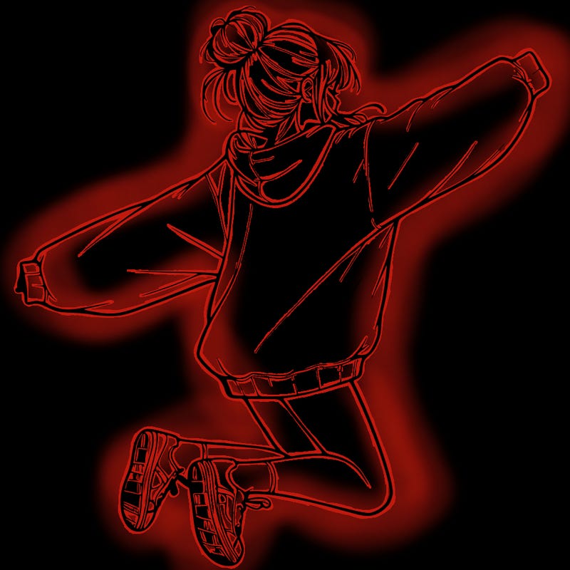 realistic girl jumping with a bun and oversized sweatshirt