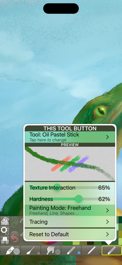 iPastels - Interfaccia dell'app iPastels che mostra le impostazioni dello strumento bastoncino a olio con regolazioni di texture e durezza.