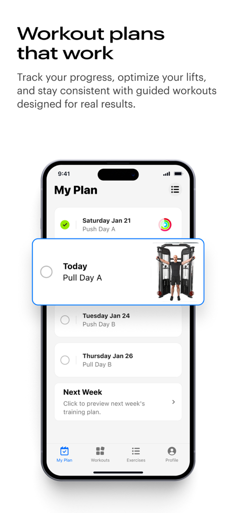 Fitify Gym app interface showing a personalized weekly workout schedule with exercise plans.