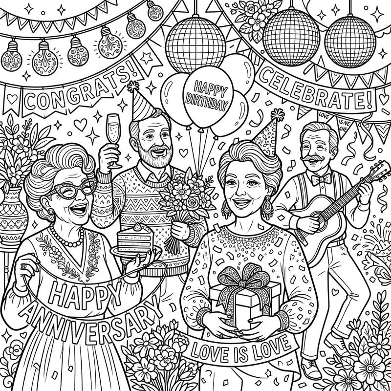Dive into a heartwarming celebration with this intricate coloring page designed for teens. Featuring joyful elderly individuals marking special occasions, it's perfect for creative expression.
