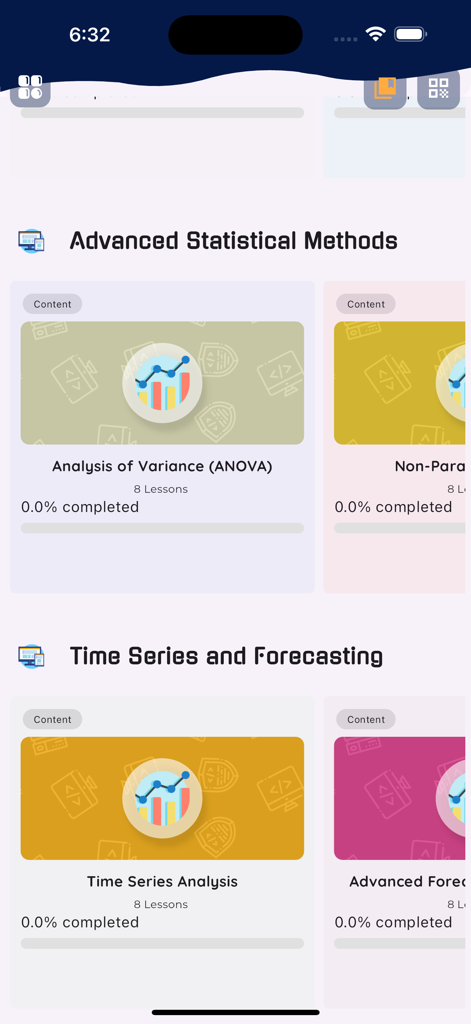 Learn Statistics [PRO] - Interfaz de la aplicación Learn Statistics PRO mostrando módulos de cursos para Análisis de Varianza y Series Temporales con seguimiento de progreso.