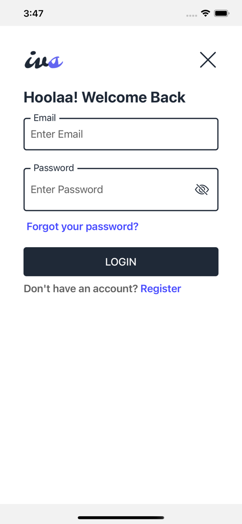 IVSouq: Shopping & Booking - Schermata di accesso dell'app IVSouq che mostra campi email e password con un messaggio di bentornato