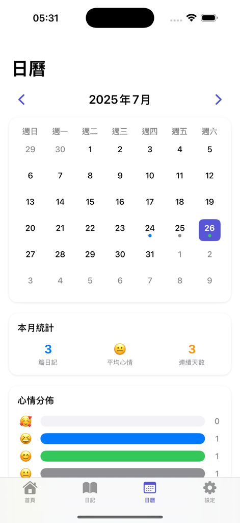 氛圍日記 - The calendar view of Ambience Diary showing monthly entry statistics and a mood distribution chart.