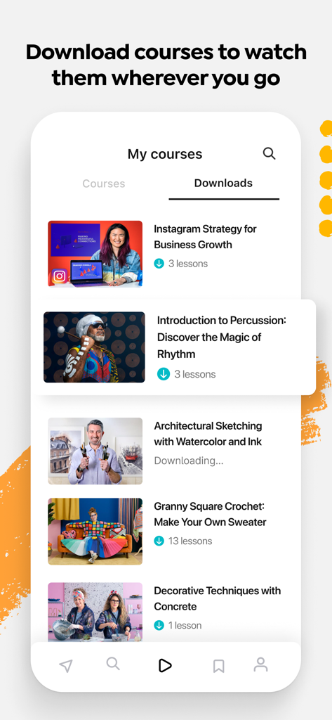 Domestika app interface showing a list of creative courses downloaded for offline viewing