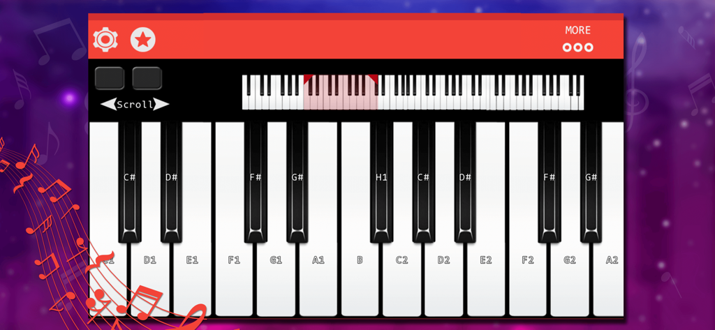 Real Piano : Be Pianist Hero - Digital piano keyboard interface with labeled notes for music learning and composition