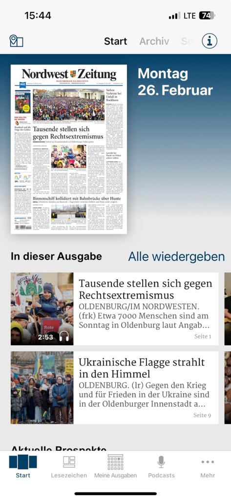 Digitale Zeitungs-Oberfläche der Nordwest EPAPER App mit dem Hauptnachrichten-Feed und der neuesten Ausgabe