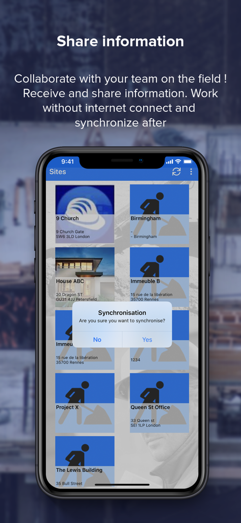 Site Supervision - Site Supervision app interface showing a list of construction projects and a synchronization prompt for offline data.