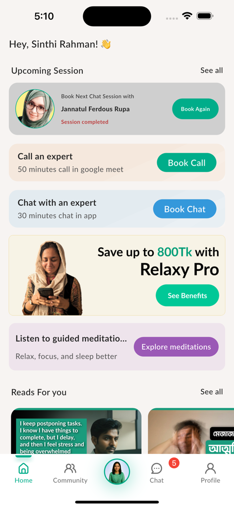 Relaxy app dashboard displaying options to call or chat with experts access guided meditations and read mental health articles