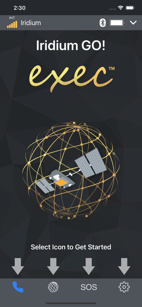 Iridium GO! exec - Iridium GO exec mobile app home screen with satellite graphic and navigation icons