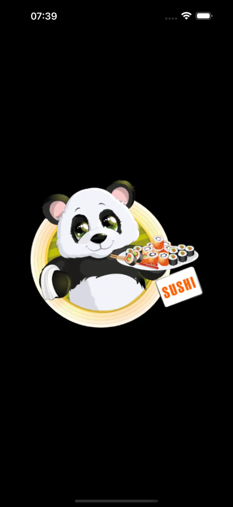 Sushi Panda App - Tela de abertura do aplicativo Sushi Panda com um mascote de panda de desenho animado segurando uma bandeja de rolos de sushi