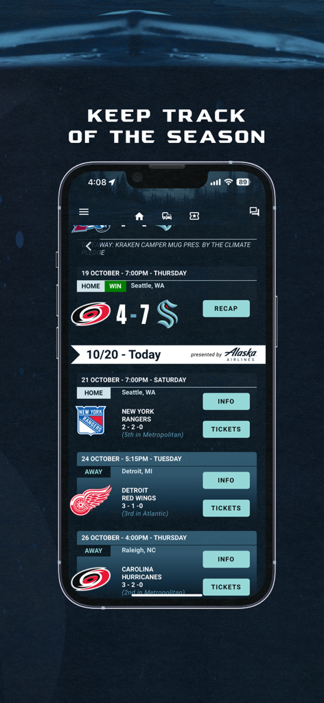 Seattle Kraken - Seattle Kraken mobile app game schedule with scores and ticket options