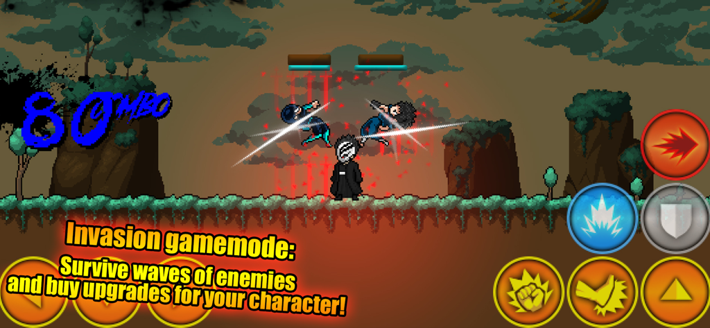 Warriors of the Universe - Jugabilidad de Warriors of the Universe mostrando el modo Invasión donde un personaje pixel art lucha contra oleadas de enemigos