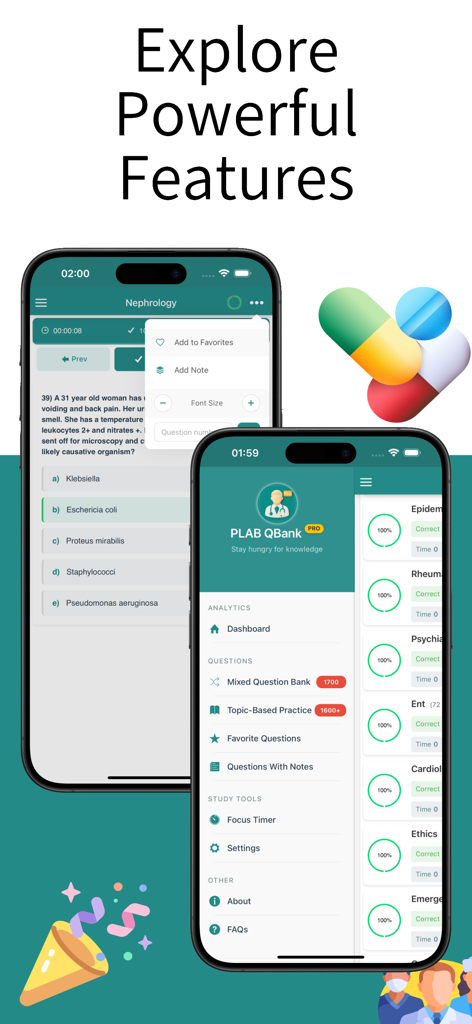 L'interfaccia dell'app PLAB QBank PRO che mostra una domanda medica e la dashboard di studio principale con strumenti di preparazione all'esame.