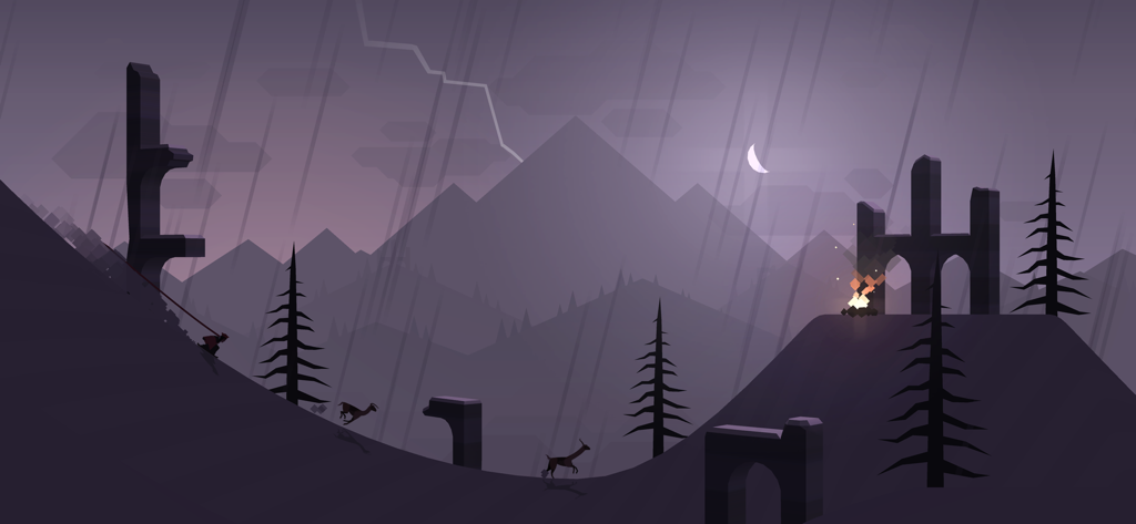 Alto's Adventure - A minimalist snowboarding scene in Alto's Adventure featuring a character gliding past ancient ruins and llamas during a nighttime thunderstorm with lightning.
