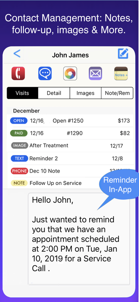Tela de gerenciamento de contatos no aplicativo HVAC Pro mostrando histórico de clientes e lembretes de compromissos