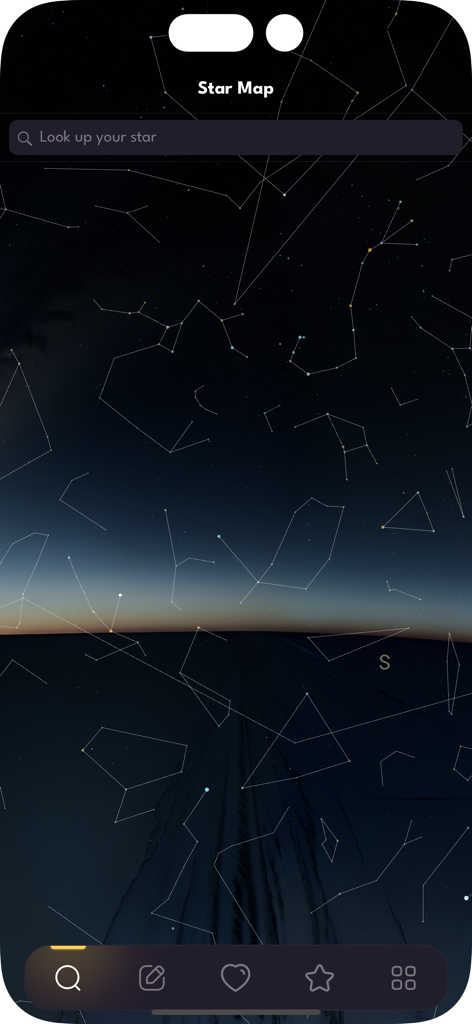 Interface of Name Star Register app showing a celestial star map with constellation outlines and a star search bar