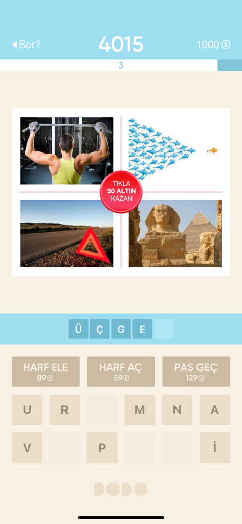 Resimli Kelime Bulmaca - Gameplay screenshot of Resimli Kelime Bulmaca showing a four pictures one word puzzle level.