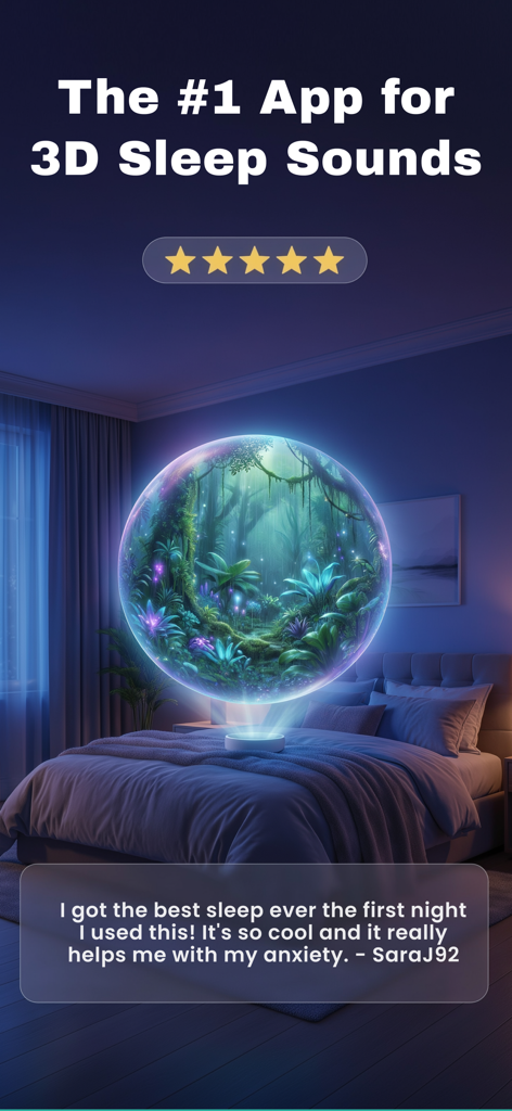 Captura de pantalla de la aplicación Sleep Orbit que muestra un orbe de sonido 3D brillante en un dormitorio y un testimonio positivo de un usuario
