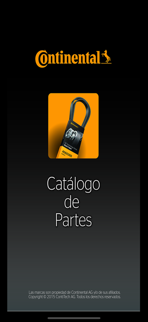 Continental Catalogo de Partes Elite App Startbildschirm mit Markenlogo und Riemen für Kraftfahrzeuge