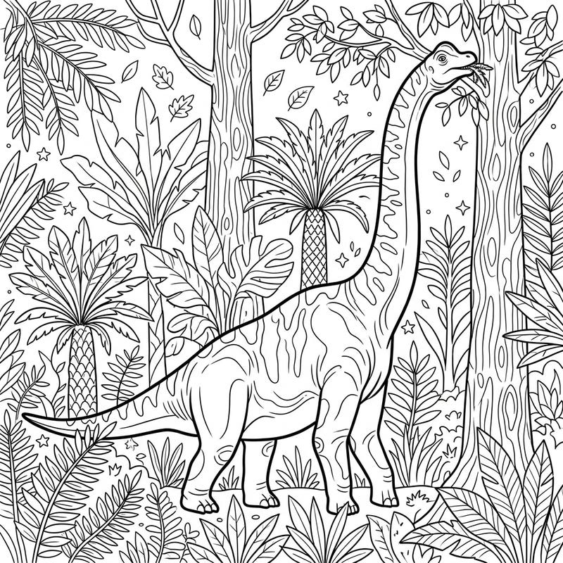 Unleash your creativity with this captivating coloring page featuring a magnificent Brachiosaurus enjoying a meal in its ancient habitat. Discover the joy of bringing this gentle giant and its lush prehistoric world to life with your favorite colors.