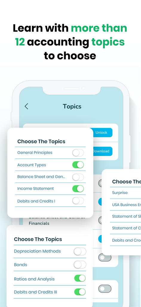 Interface do Jogo de Quiz de Contabilidade mostrando uma variedade de tópicos de contabilidade para escolher para estudo.