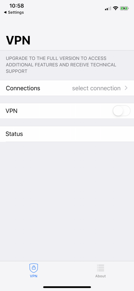 Screenshot of the FortiClient VPN app main interface on an iPhone showing connection settings and VPN toggle.