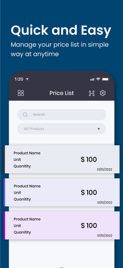 Mobile app interface showing a product price list with search and filter options