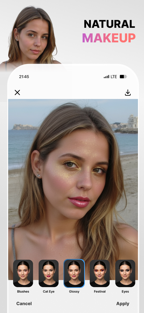 Interface do aplicativo editor de fotos Visio AI mostrando uma mulher com um filtro de maquiagem brilhante aplicado e várias opções de maquiagem como Cat Eye e Festival na parte inferior