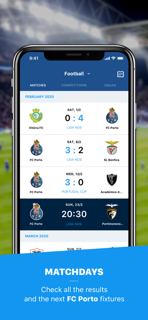 Official FC Porto app interface displaying match results and upcoming team fixtures.