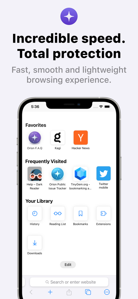 Orion Browser mobile app start page displaying favorites and library navigation.