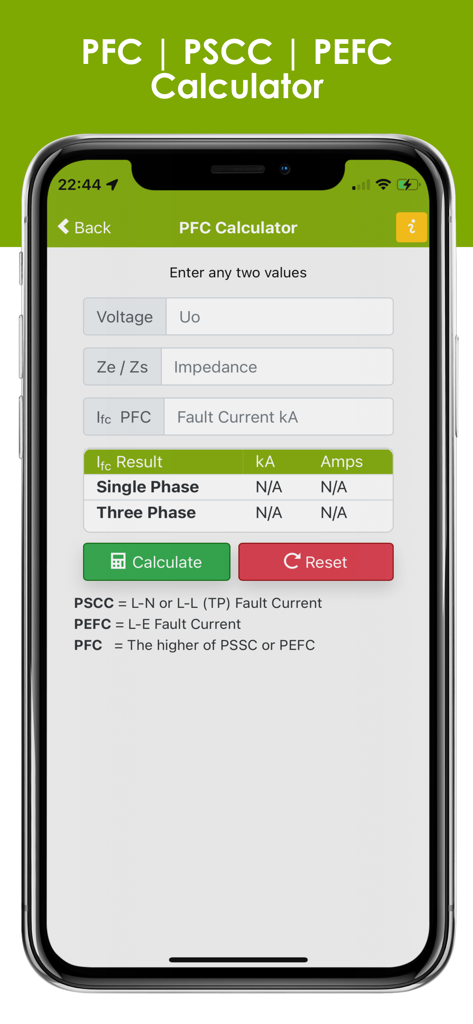 Fault current calculator app screen showing input fields for voltage and impedance and calculation results