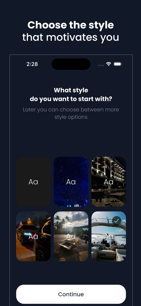 DontQuit - Motivational Quotes - Una pantalla de selección de estilo en la aplicación DontQuit que muestra diferentes temas de fondo estéticos para frases de motivación.