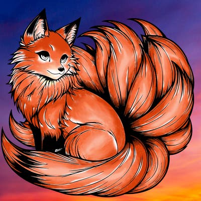 realistic detailed 9 tailed anime fox