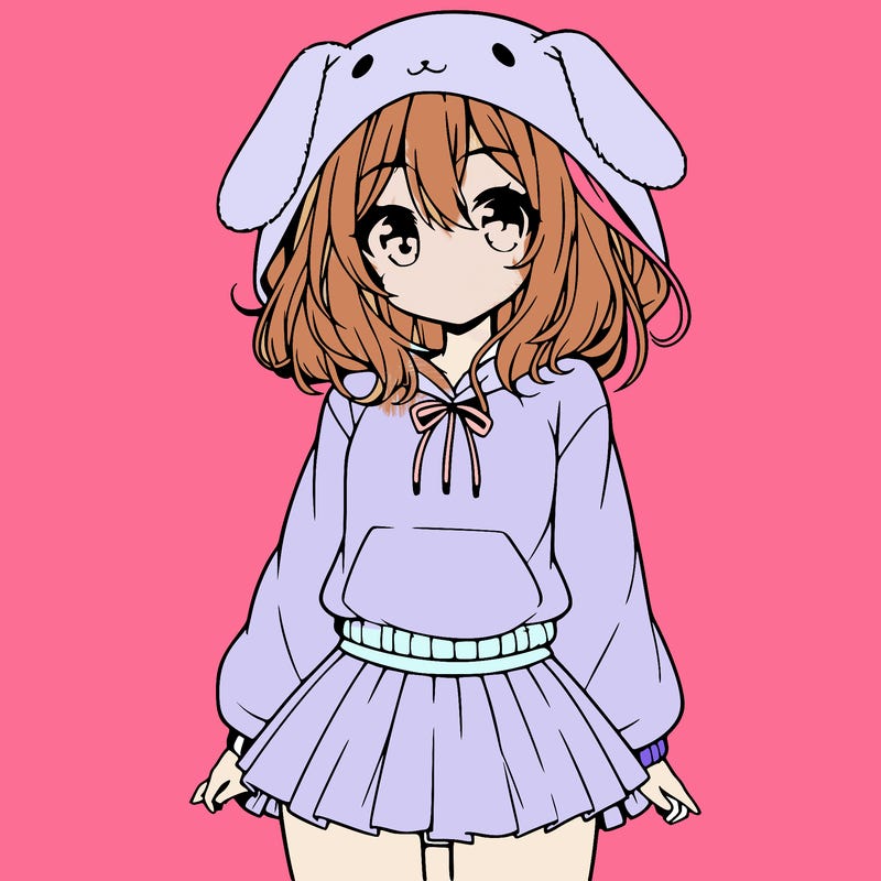 pretty anime girl wearing a fluffy hoodie with bunny ears on the hood and a skirt
