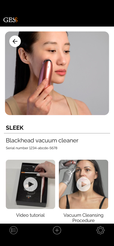 GESS - GESS app interface showing the Sleek blackhead vacuum cleaner with expert video tutorials and serial number registration.