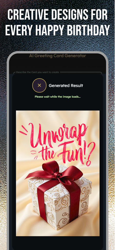 Happy Birthday Greeting eCards - Interfaz de aplicación móvil que muestra una tarjeta de cumpleaños generada por IA con una caja de regalo y el texto Desenvuelve la diversión