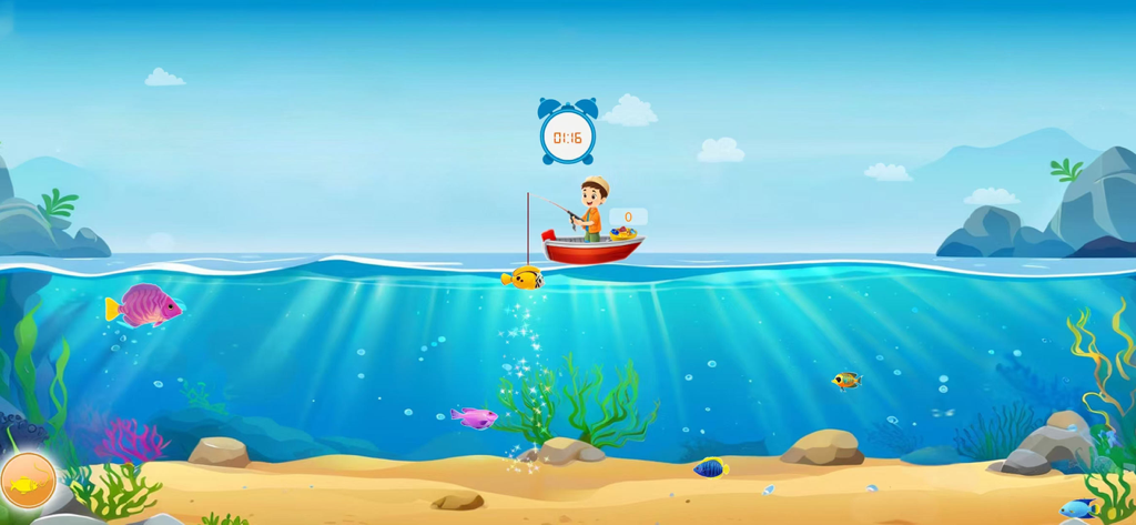 Fun games -Learn with Fun - Ein kleiner Junge angelt in einem Boot über einer bunten Unterwasserszene in einer Lern-App für Kinder.