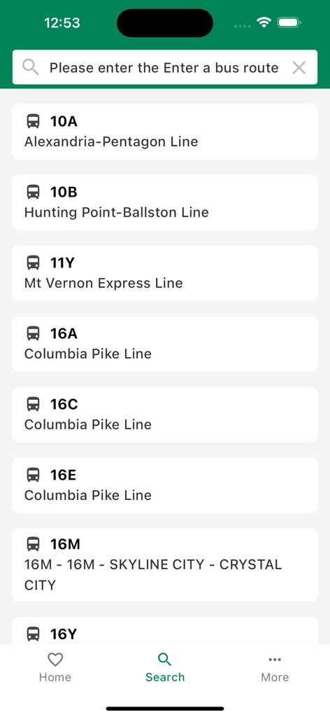Search screen of DC Bus Tracker app showing a list of WMATA bus routes