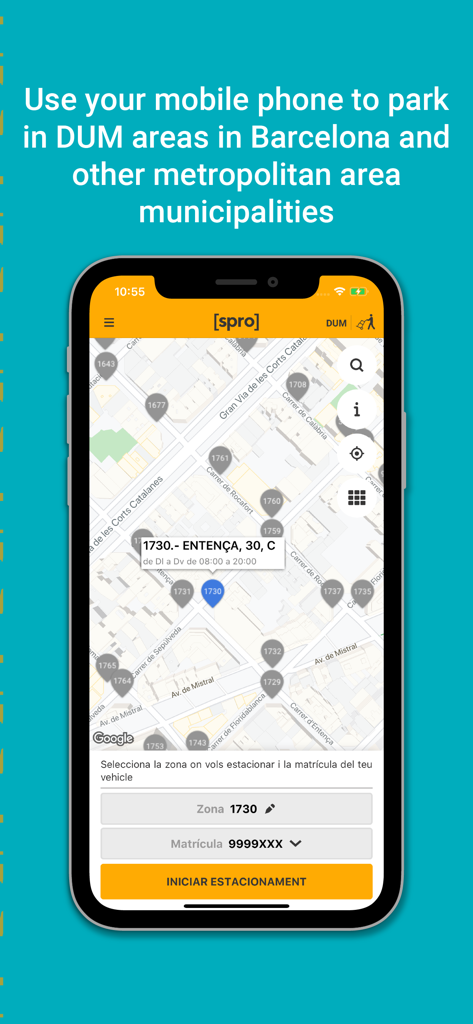 SPRO - A smartphone screen displaying the SPRO app with a map of Barcelona showing professional parking zones and a button to start parking.