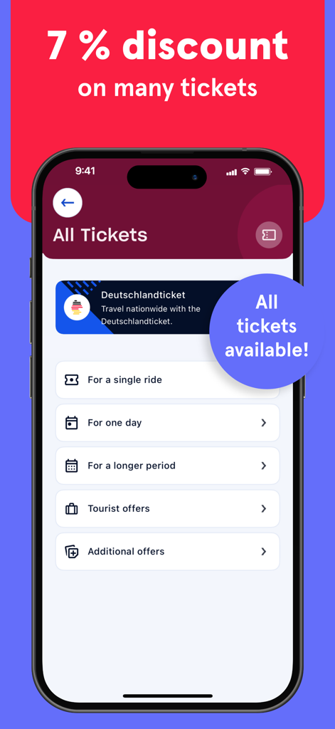 hvv switch app interface showing ticket selection menu with discount offer