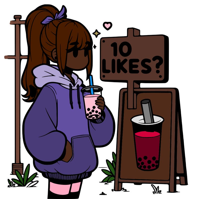 girl with oversized hoodie drinking boba and she has a high ponytail with a sign that says 10likes?